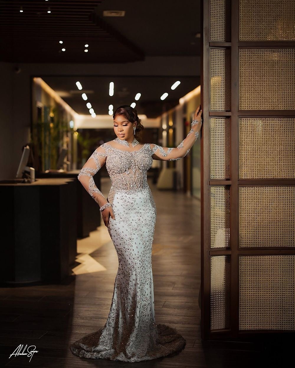 Silver Constellation worn by Harriet Edide, full-length crystal mermaid gown