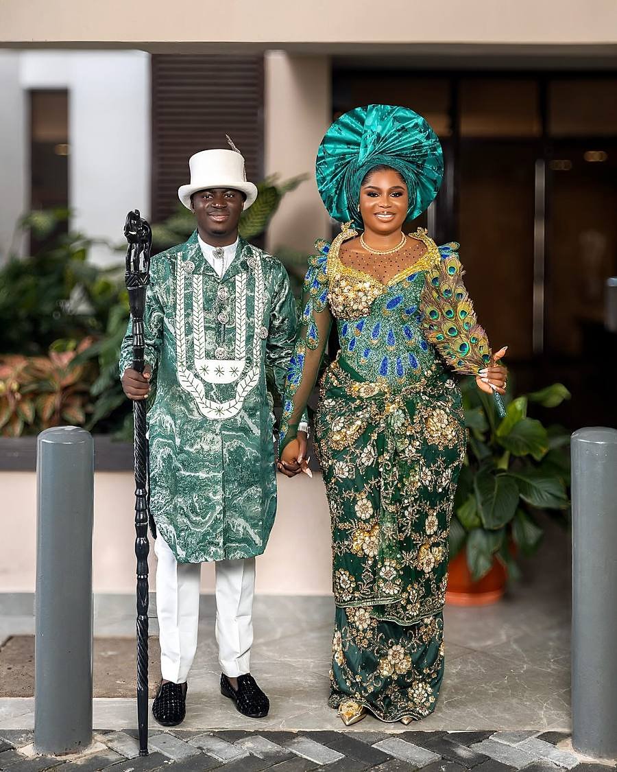 Royal Peacock, matched green aso oke ensemble for a traditional couple