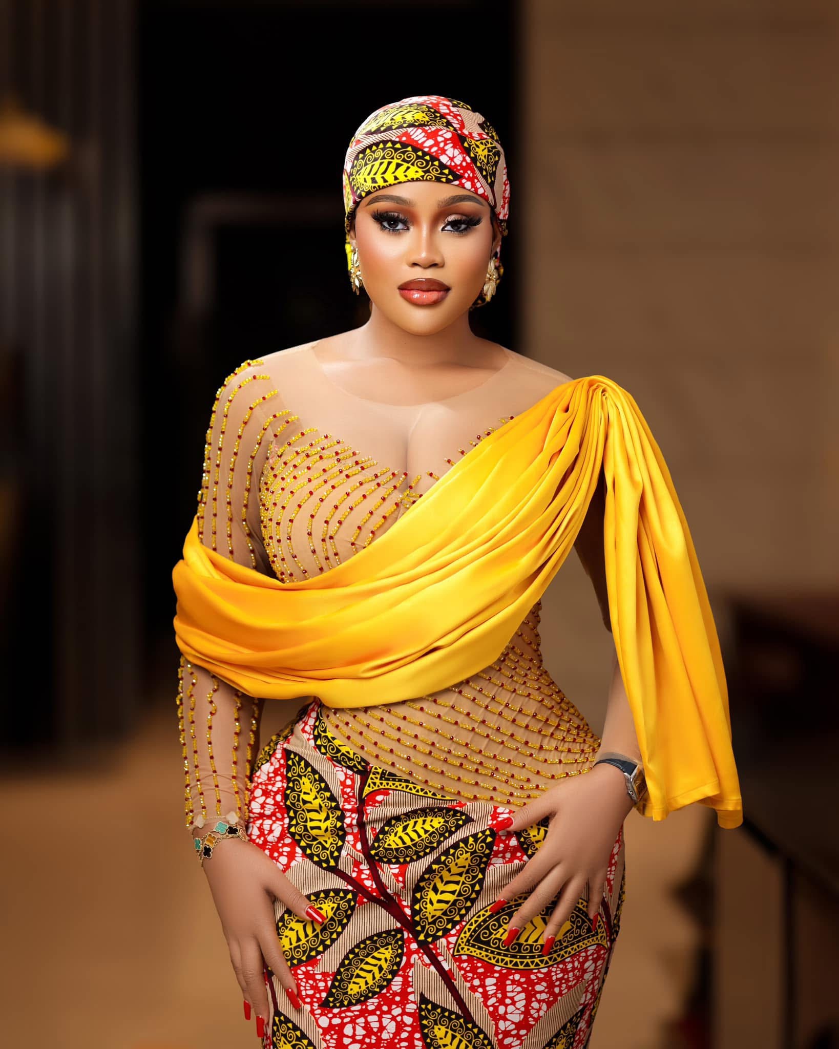 Yellow ankara print with beaded draping
